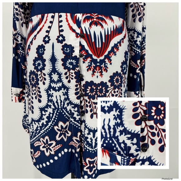 Reborn White, Red & Blue Abstract Paisley and Striped Buttoned Tunic Top, Medium - Picture 9 of 16